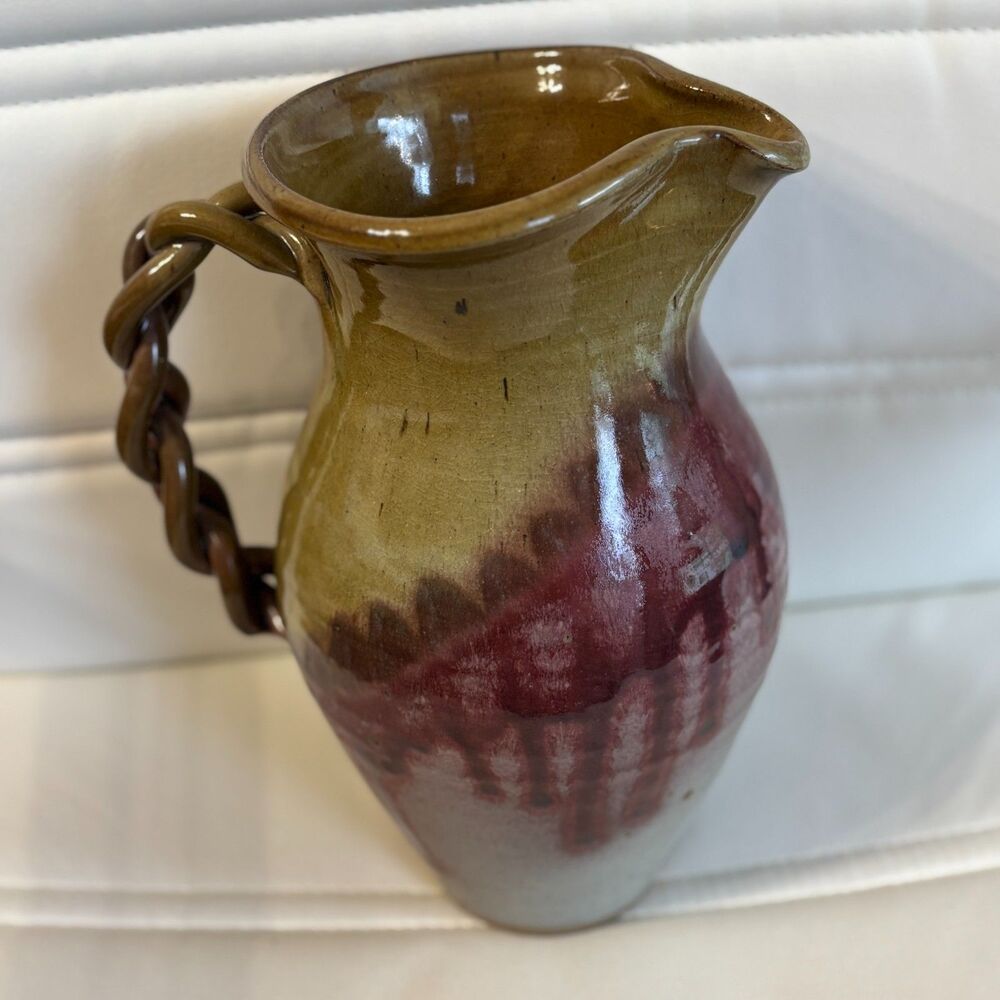 2005 Vtg. Nichols Pottery Signed 10" Pitcher Braided Handle Studio Art Pottery